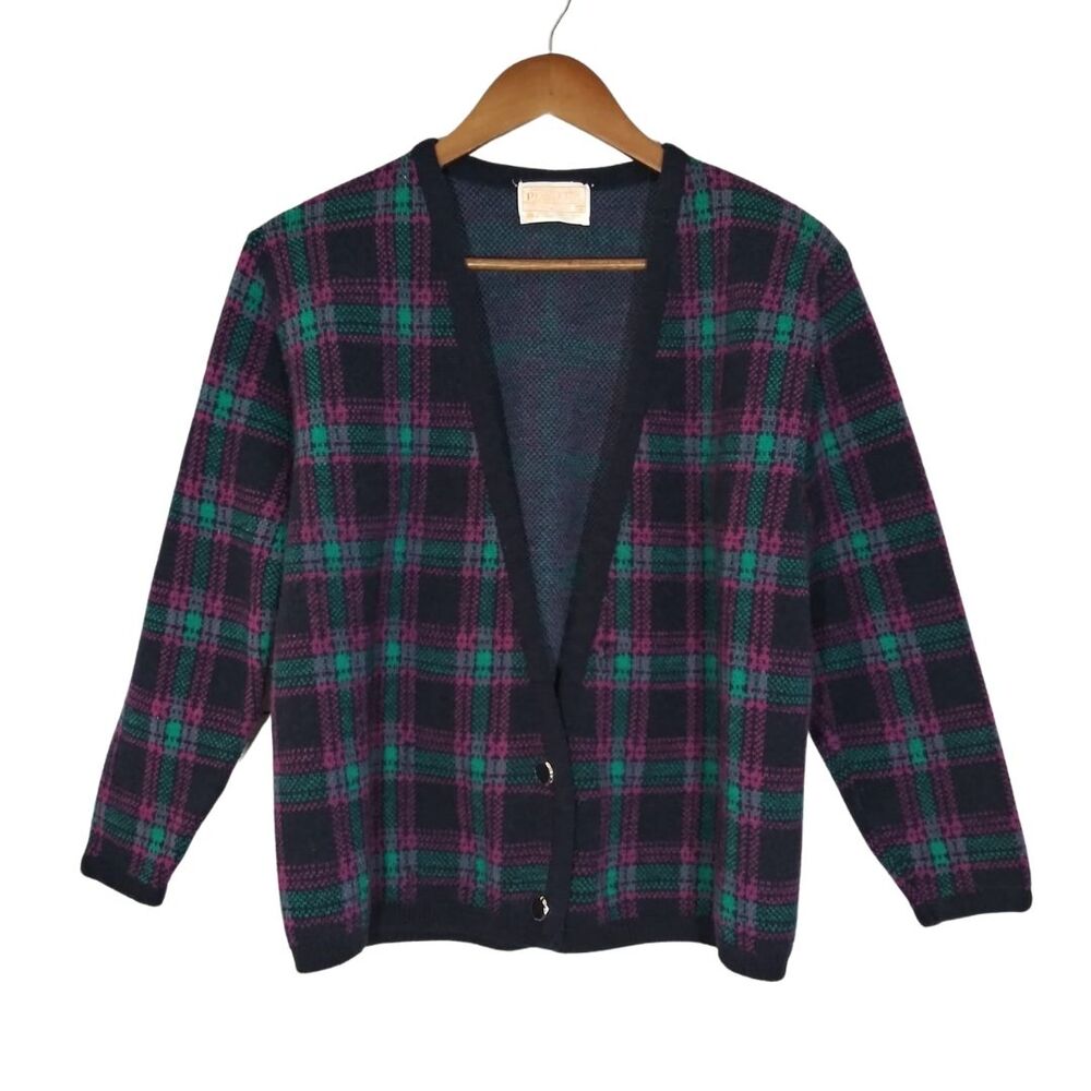 Vintage Pendleton Blue, Pink, & Green Plaid Virgin Wool Grandma Cardigan Medium